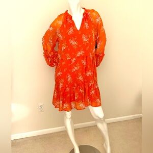 Vince Camuto Vibrant Orange Floral Long Sleeve Dress